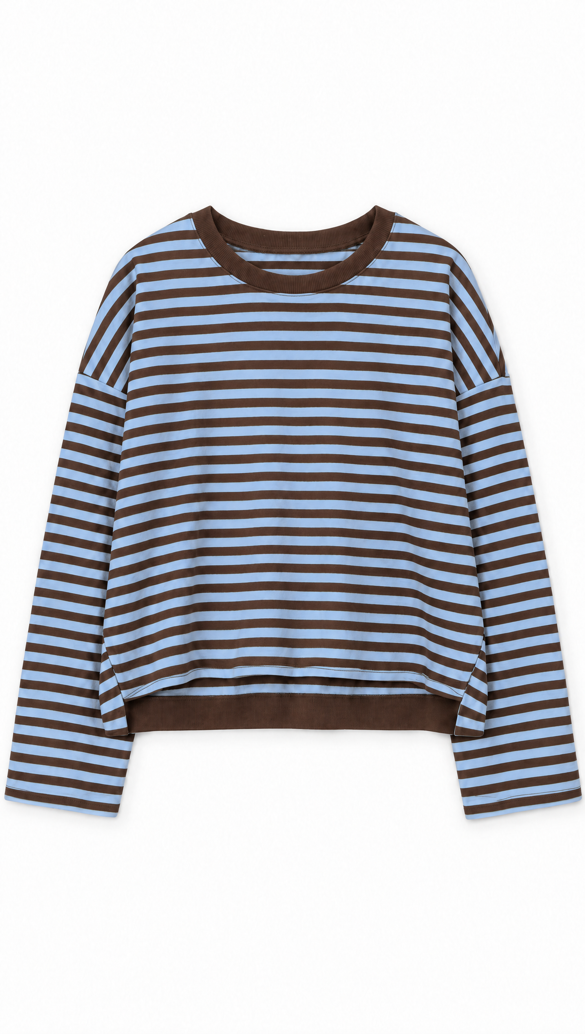 Ringelshirt Ella in Hellblau-Schokobraun – Flatlay