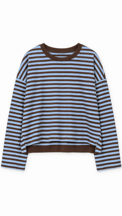 Ringelshirt Ella in Hellblau-Schokobraun – Flatlay