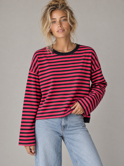 Ringelshirt Ella in Pink-Schwarz – Try-on Oberkörper