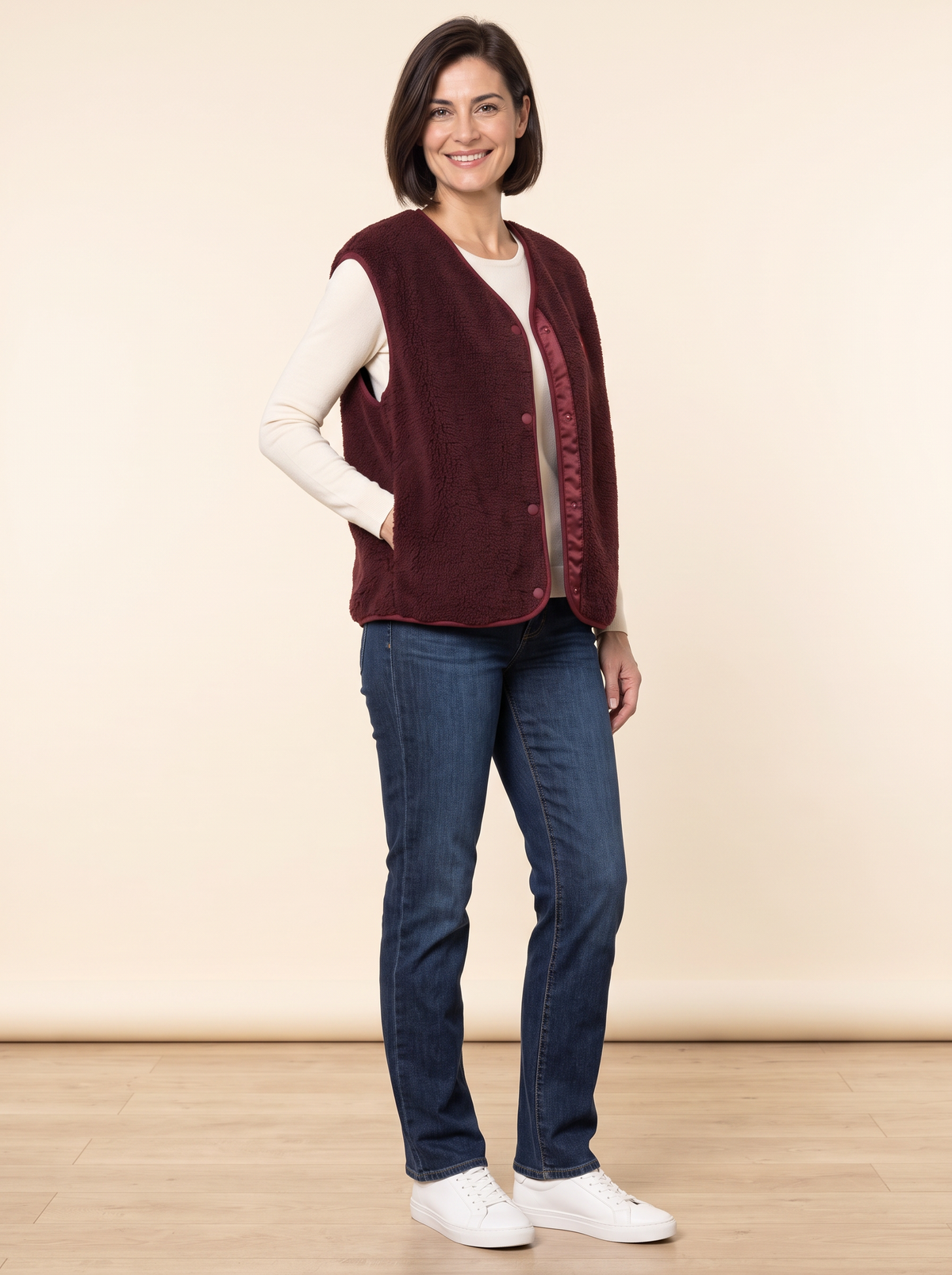 Teddyweste Frieda in Bordeaux – Try-on